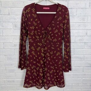 Betsey Johnson Dress Womens S Burgundy Floral Mini Sheer Mesh Flare Sleeve